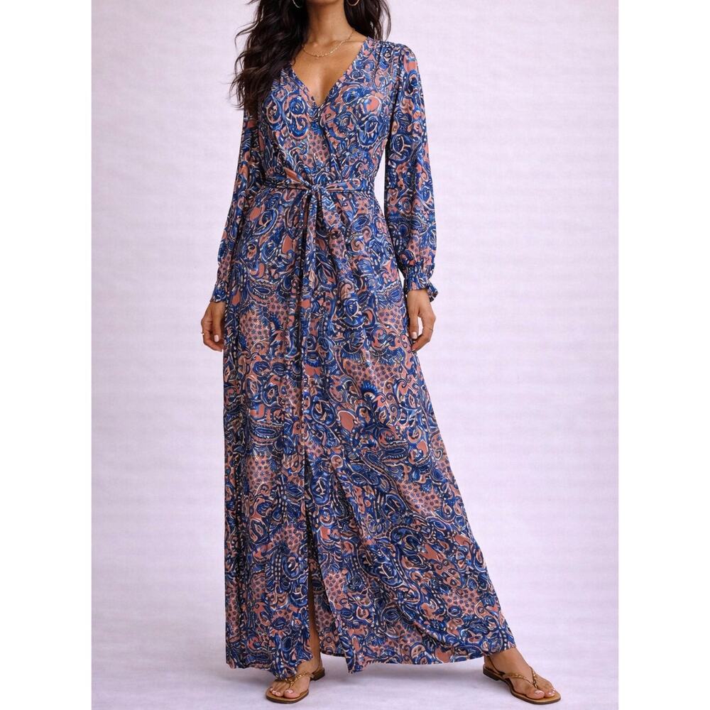 Blue Paisley Open Kaftan Maxi Cover-Up - Picture 2 of 7